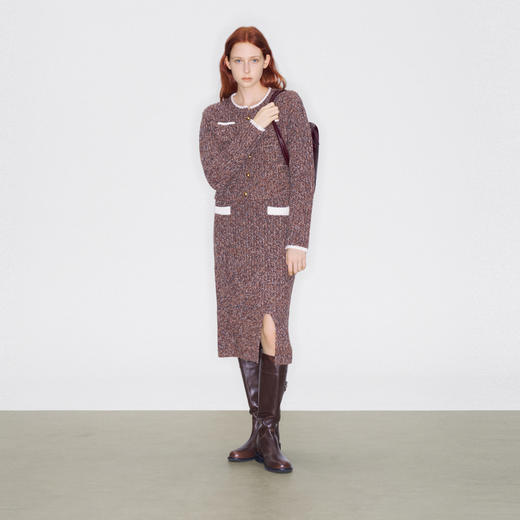 lost in echo2025早秋新款撞色卷边花纱毛织短外套直筒开衩一步裙 商品图0