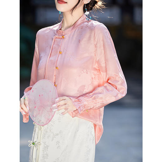 OPH  F2474重工提花真丝复古气质新中式衬衫立领盘扣桑蚕丝衬衣 商品图2