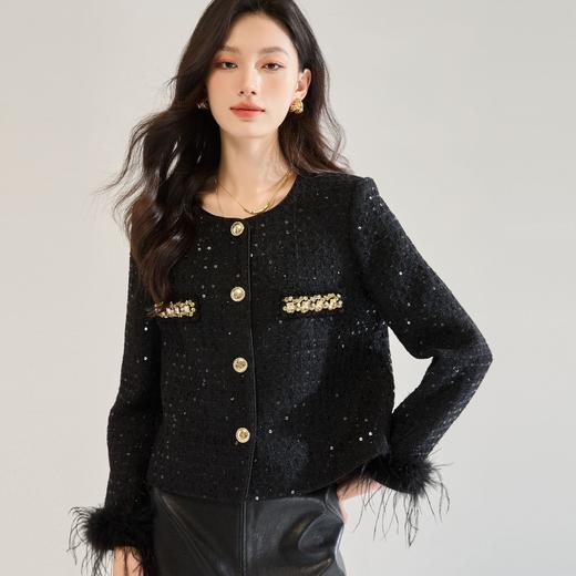 「高货sh」全新升级【铂金会员441/天猫599/差价158】(02645)洛诗琳新款可拆卸鸵鸟毛编织外套2025秋季气质小香风外套sh02645 商品图1