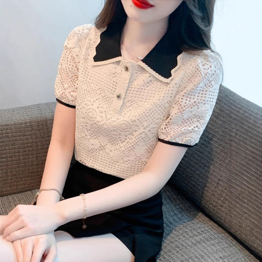 独特法式别致减漂亮洋气宽松镂空polo领蕾丝衫短袖上衣女夏高级感 商品图0