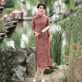 SC21957红色祥云国风妈妈装长款改良长袖旗袍秋季2025新款女复古修身收腰