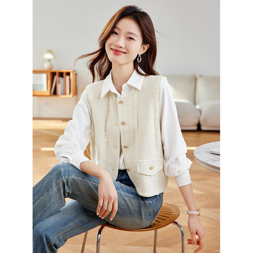 时尚气质小香风无袖通勤，圆领金属扣马甲开衫针织衫CC-16-9701 商品图1