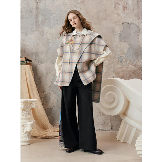 【暖冬内购】两三事梵高文艺永夜微光2025秋冬新款向日葵绣花格子双面呢外套女 商品图3