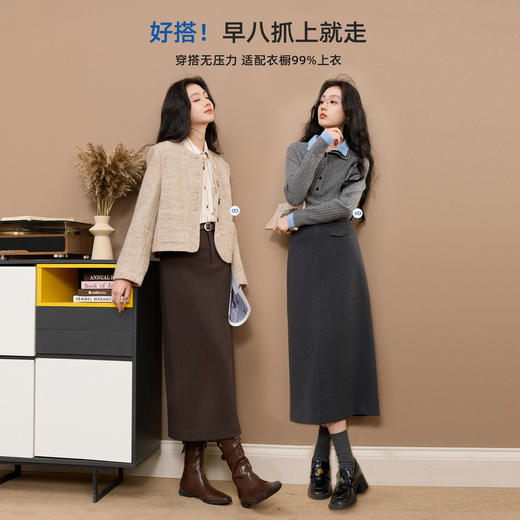 三彩2025冬季新款通勤半身裙直筒裙开叉长裙简约Z 商品图4