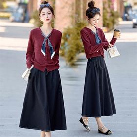 时尚高级感长袖丝巾针织开衫＋高腰牛仔半身裙两件套HR-YM7738