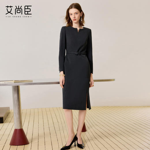 艾尚臣深灰色气质连衣裙女高级感早秋收腰职业套裙气质女神范正装 商品图2