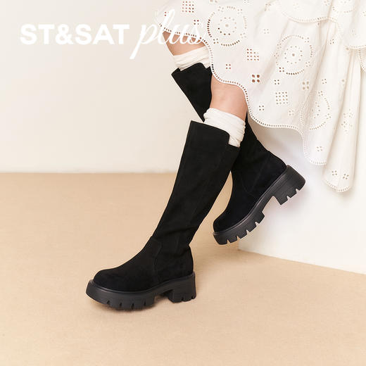 星期六黑色绒面百搭厚底过膝长靴SSD4117140 商品图1