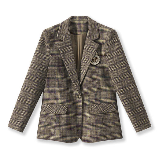 「高货wl」全新升级【铂金会员330/天猫439/差价109】(00123)洛诗琳气质复古通勤格纹西装2025秋季磨毛英伦风徽章外套 商品图4