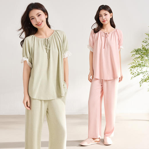 爱帝云感绵柔花纱女士蕾丝花边短袖长裤家居套宽松版型 商品图1