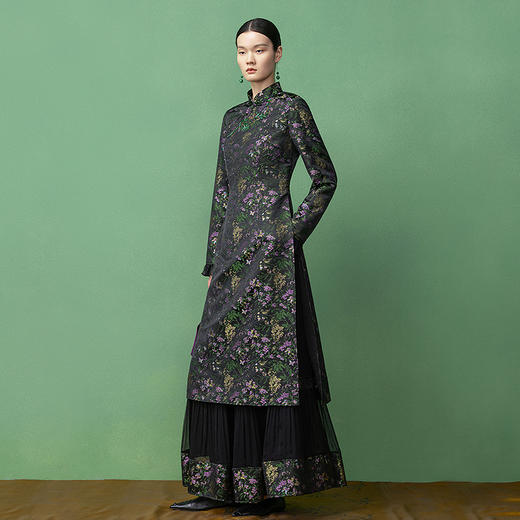 【林栖设计小店】【手工串珠】生活在左提花旗袍上衣拼桑蚕丝国风2025秋季新款长衫T1953304 商品图0