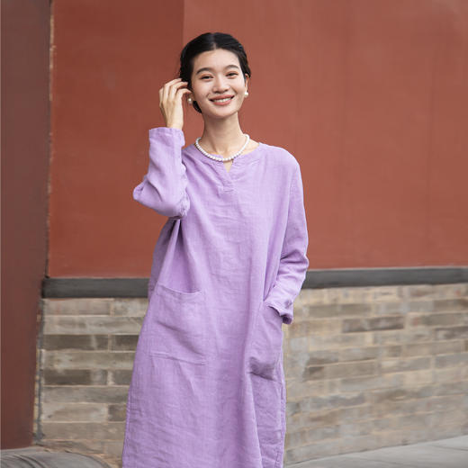 绽放557朵/重磅皱纹砂洗亚麻开V领宽松文艺长袖中长款连衣裙女秋 商品图1