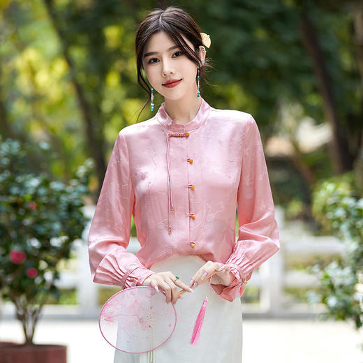 OPH  F2474重工提花真丝复古气质新中式衬衫立领盘扣桑蚕丝衬衣 商品图1