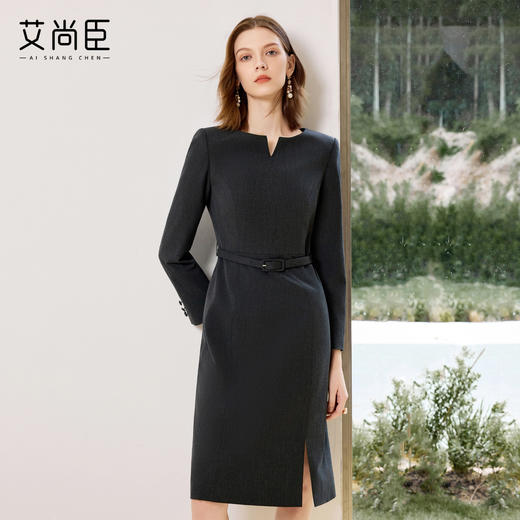 艾尚臣深灰色气质连衣裙女高级感早秋收腰职业套裙气质女神范正装 商品图0