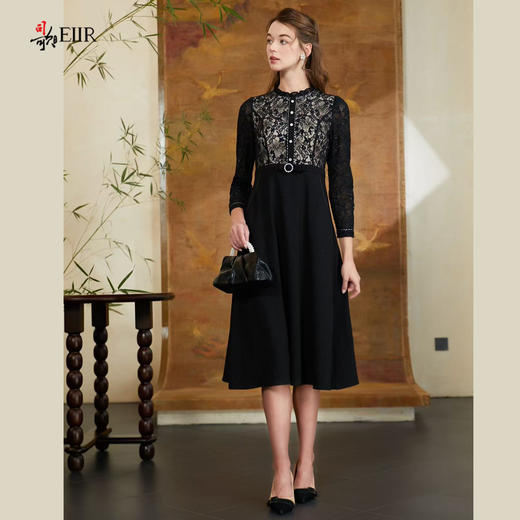 司歌蕾丝长袖修身优雅气质连衣裙A901338X 商品图0