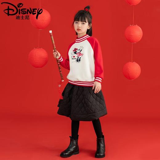 迪士尼女童红色卫衣加绒2024新款儿童保暖衣女孩新年装大童拜年服 商品图3