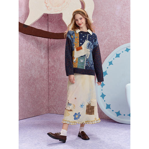 两三事 糖衣星系 2025秋季新款趣味动物立体绣花套头毛衣女宽松 商品图1