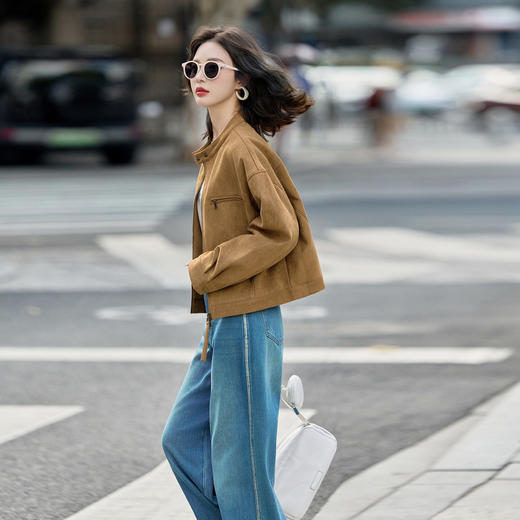 HR GSTX8090复古立领短外套时尚休闲百搭麂皮绒夹克 商品图1