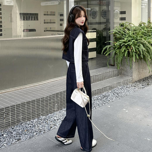HR YDYX9370复古港风牛仔套装裤时尚休闲马甲上衣阔腿裤三件套 商品图3