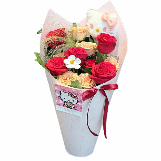 新鲜鲜花 双色玫瑰花束6朵卡布奇诺玫瑰+6朵红玫瑰+配草 鲜花花束（可备注送货时间） 商品图0