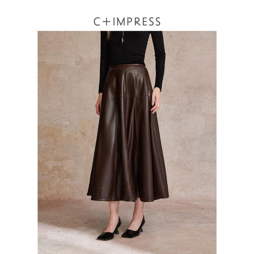 C+IMPRESS/西嘉老钱高智学术风简约显瘦PU皮伞裙a字裙大摆半身裙 商品图1