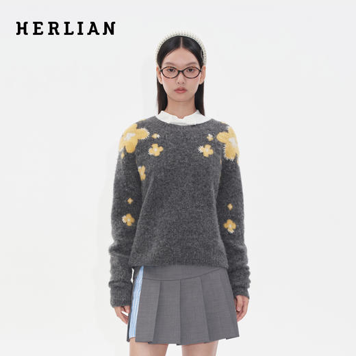 HERLIAN2025年秋季新品女士撞色花朵图案设计针织衫毛衣 商品图0