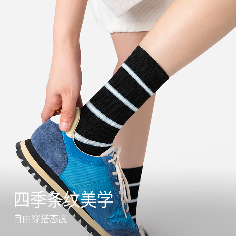 靴下物袜子纯棉女款2025新款爆款春夏薄款全棉运动休闲条纹中筒袜