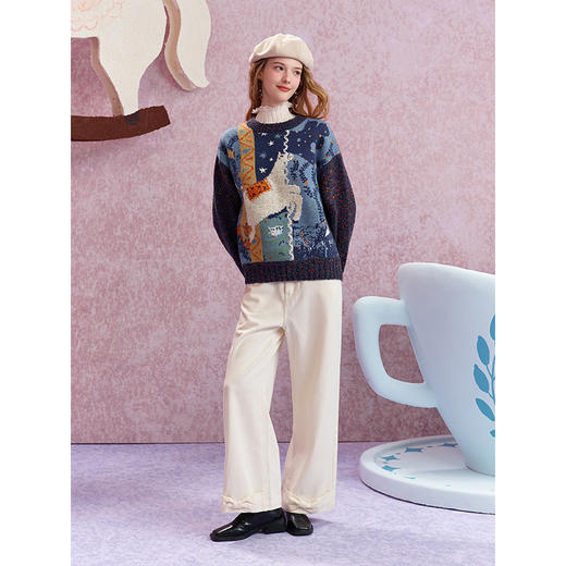 两三事 糖衣星系 2025秋季新款趣味动物立体绣花套头毛衣女宽松 商品图3