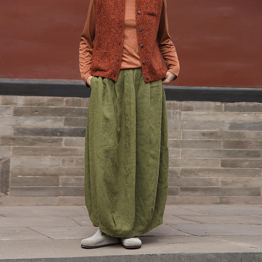 绽放女装571朵/重磅皱纹亚麻半松紧腰半身长裙茧型花苞开衩半身裙 商品图1