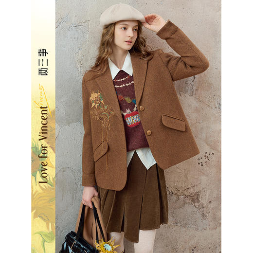 【暖冬内购】两三事梵高文艺焦糖引力2025秋冬新款向日葵刺绣流苏羊毛呢外套女 商品图0