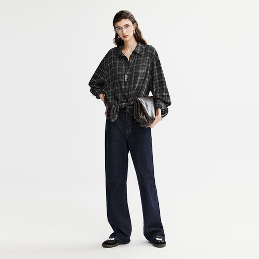 棉仓366604022-复古文艺黑灰格长袖衬衫 商品图4