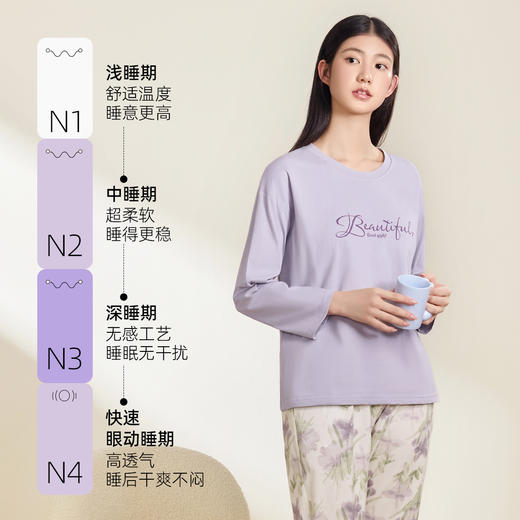 【带杯垫】熳洁儿 早秋新款纯棉家居服圆领套装撞色治愈紫植物花卉25763203 商品图3