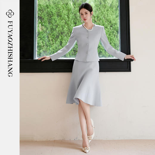 FUYAO扶摇 醋酸时尚套装女2025早秋蓝色圆领气质小香风西装两件套 商品图4
