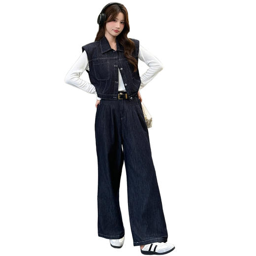 HR YDYX9370复古港风牛仔套装裤时尚休闲马甲上衣阔腿裤三件套 商品图4