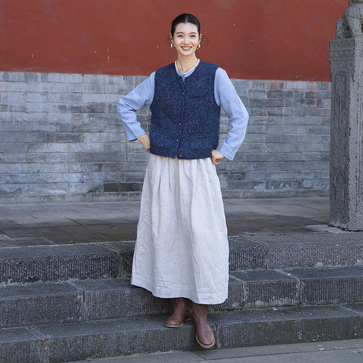 绽放579-580朵/重磅亚麻圆领短款七分袖小衫梭织T恤松紧腰半身裙 商品图2