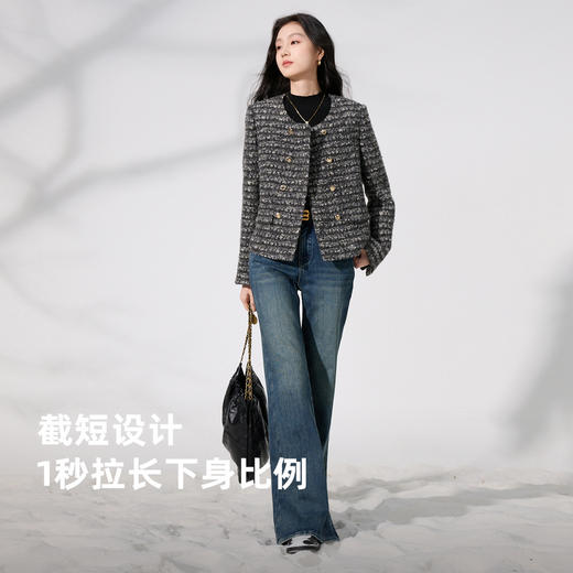 三彩2025冬季新款香风呢大衣短款蝴蝶纱圆领毛呢宽松外套S 商品图3