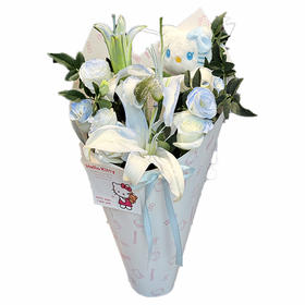 新鲜鲜花 凯蒂猫碎冰蓝花束 7朵碎冰蓝玫瑰+3朵百合+配草 鲜花花束（可备注送货时间）