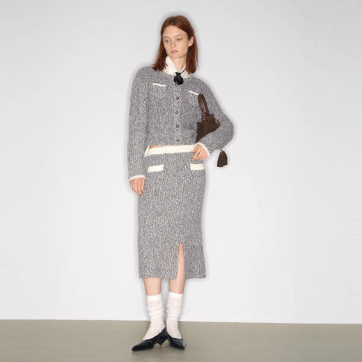 lost in echo2025早秋新款撞色卷边花纱毛织短外套直筒开衩一步裙 商品图4