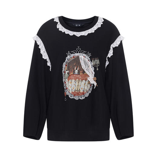 两三事 蕾丝可可 2025秋季新款甜美蕾丝边拼接印花套头卫衣女宽松 商品图4