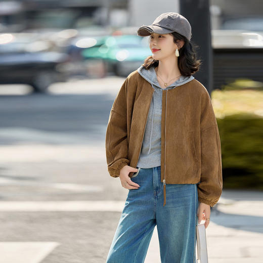 HR GSTX8092复古港风麂皮绒短外套宽松休闲长袖外套 商品图0