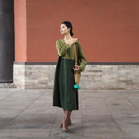 绽放女装573朵/重磅亚麻提花V领宽松文艺牛油果拼色长袖连衣裙女