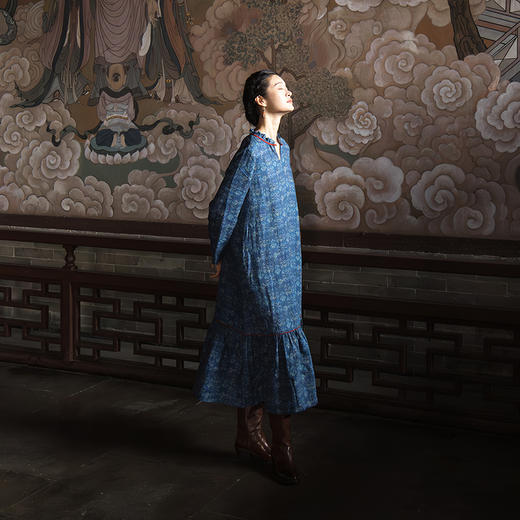 绽放590朵/亚麻印花花边领设计感文艺正常肩度假裙长袖连衣裙女秋 商品图1