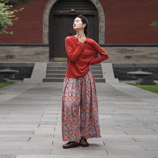 绽放旅行女装600朵/天丝亚麻设计感印花武士裤百搭宽松休闲裤长裤 商品图2