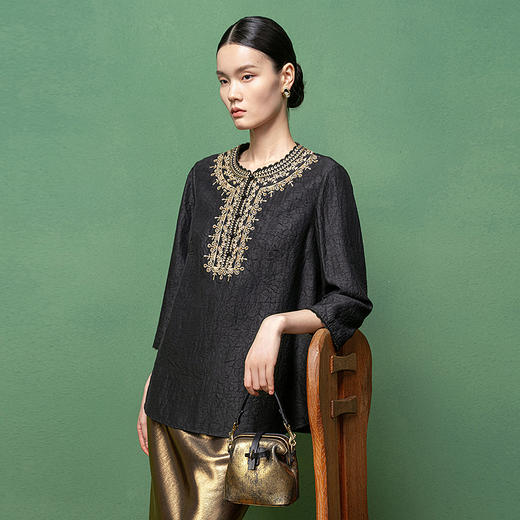 【林栖设计小店】【非遗香云纱】桑蚕丝衬衣绣花钉珠2025秋季新款上衣女1953317 商品图0