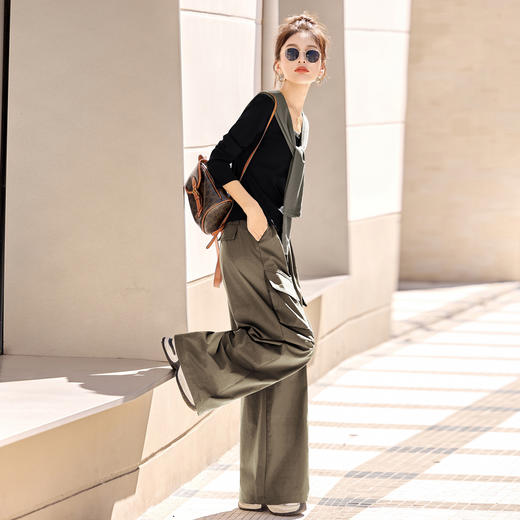 HR YF2612时尚套装裤气质优雅马甲T恤阔腿裤三件套 商品图3