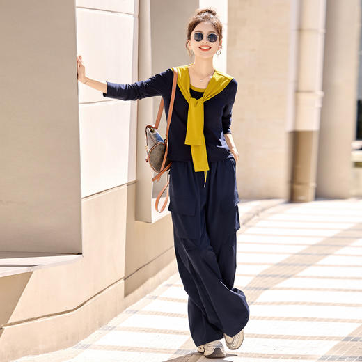 HR YF2612时尚套装裤气质优雅马甲T恤阔腿裤三件套 商品图2