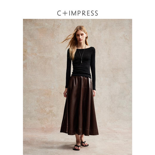 C+IMPRESS/西嘉老钱高智学术风简约显瘦PU皮伞裙a字裙大摆半身裙 商品图3