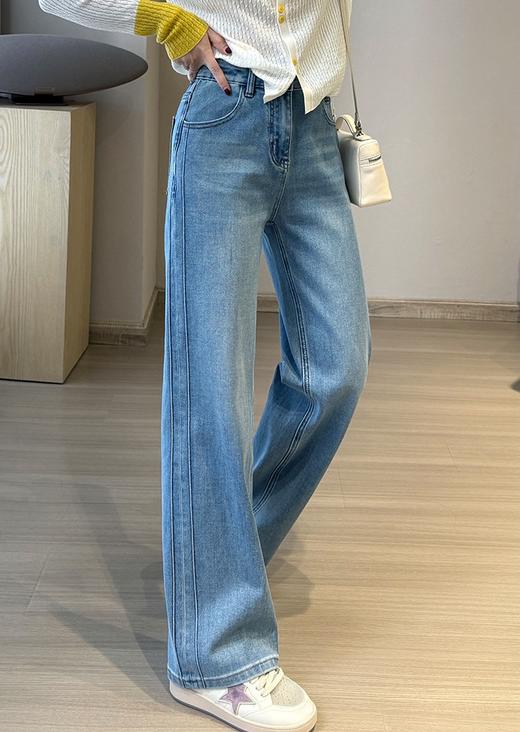 立体竖线软糯四面弹直筒牛仔裤养眼蓝窄版滞留裤 商品图1