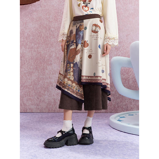 两三事苹果派对2025秋新款复古印花布拼接假两件裙裤女宽松休闲裤 商品图2