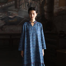 绽放590朵/亚麻印花花边领设计感文艺正常肩度假裙长袖连衣裙女秋