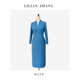 “定制”静奢风蓝调东方新中式花苞V立领羊毛混纺轻职连衣裙2501076